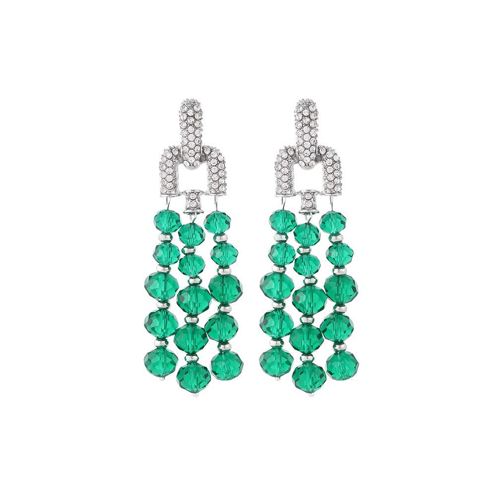 Green Crystal Beaded Tassel Earrings: Retro European and American Style Sparkling Silver Needle with Diamond Accents