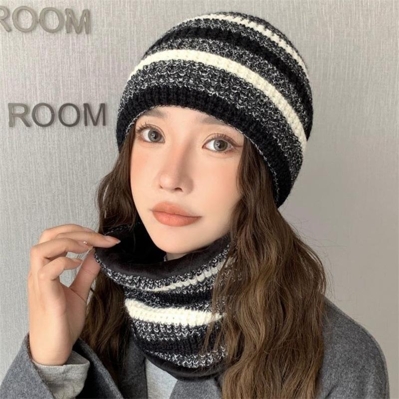 Hat Women's Winter Warm Hat Color Matching Knitted Wool Hat Thickened Scarf Set Outdoor Sports Hat