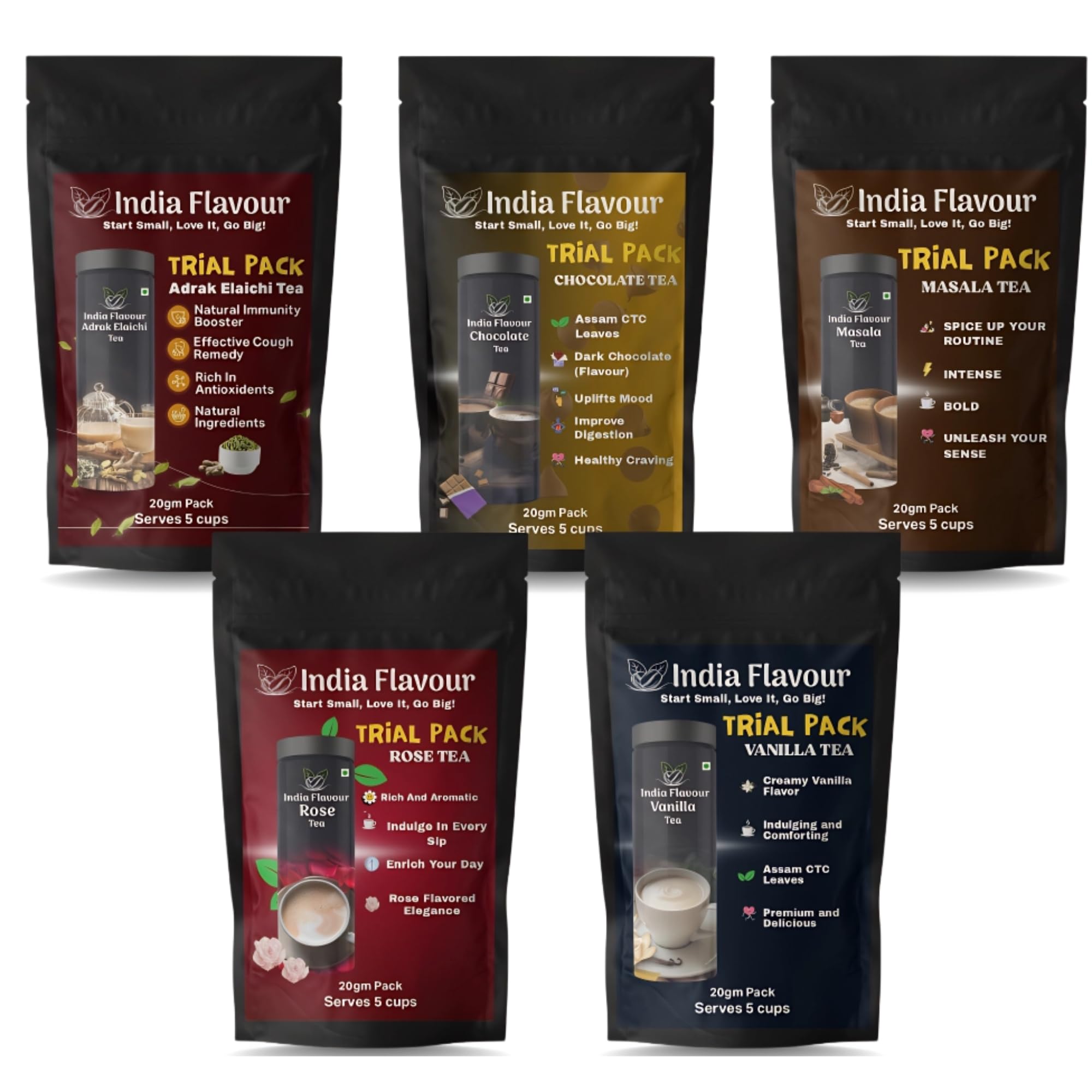 India Flavour Assam CTC Flavoured Chai Combo - 5 Aromatic Tea Blends: Adrak Elaichi, Vanilla, Masala, Rose, Chocolate (5x20g)