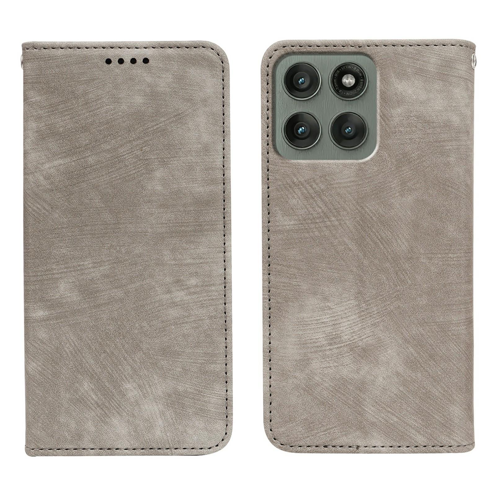 

For Motorola Edge 60 Pro 5G Case Strong Magnetic Leather Wallet Phone Cover with Striped Texture Grey