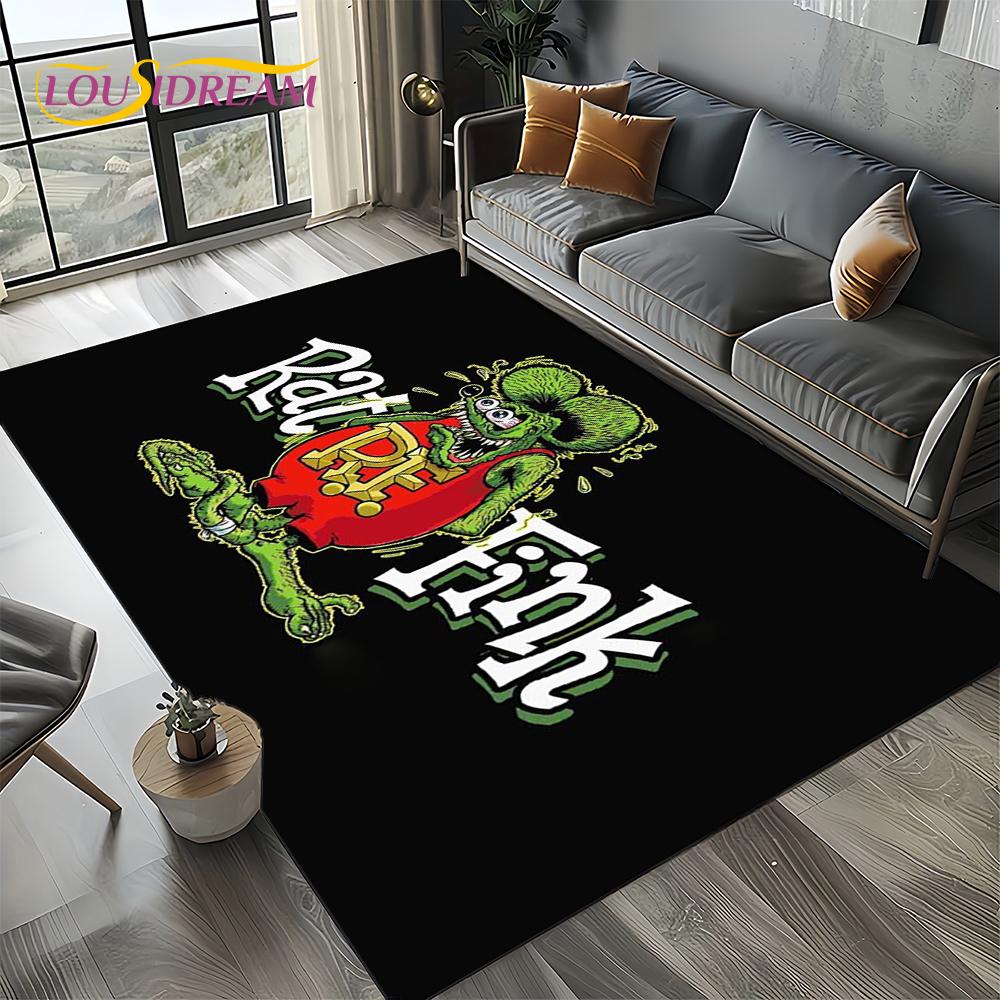RF Funny Rat Fink Cartoon Motorcycle Sign Carpet Rug for Living Room Bedroom Home Sofa Decoration,Area Rug Non-slip Floor Mat