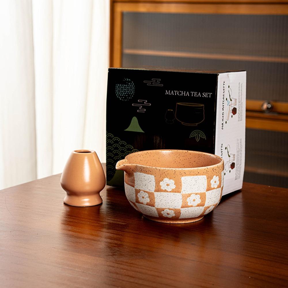 Checkered Sakura Pattern Matcha Whisk Stand Ceramic Green Tea Maker Cup for Tea Set Accessories