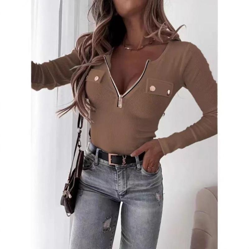 Fashion Knitted Long Sleeve Zipper T-shirt Slim Fit Solid Color Blouse Simple Elegant Spring Summer Casual Simple Tops Basic Shirts