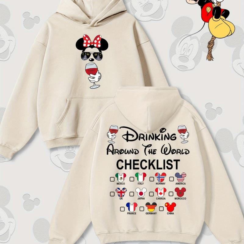 

Disney Minnie Mouse Around The World Wine List Hoodie - Men s and Women s Loose Style with Mickey Ears and Wine Glass Design S