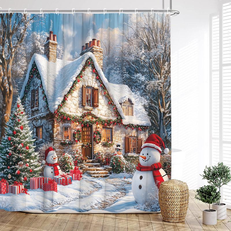 

Рождественские шторки для душа Милый снеговик Птицы Белка Зимний лес Красные ягоды Новый год Рождество Декор для ванной комнаты Со крючками 180x200cm-70x78in