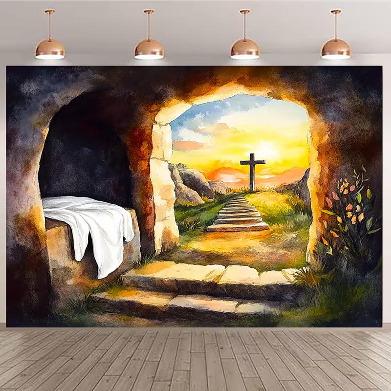 2D Easter Church Backdrop, Watercolor Empty Tomb & Cross Banner for Christian Worship Events