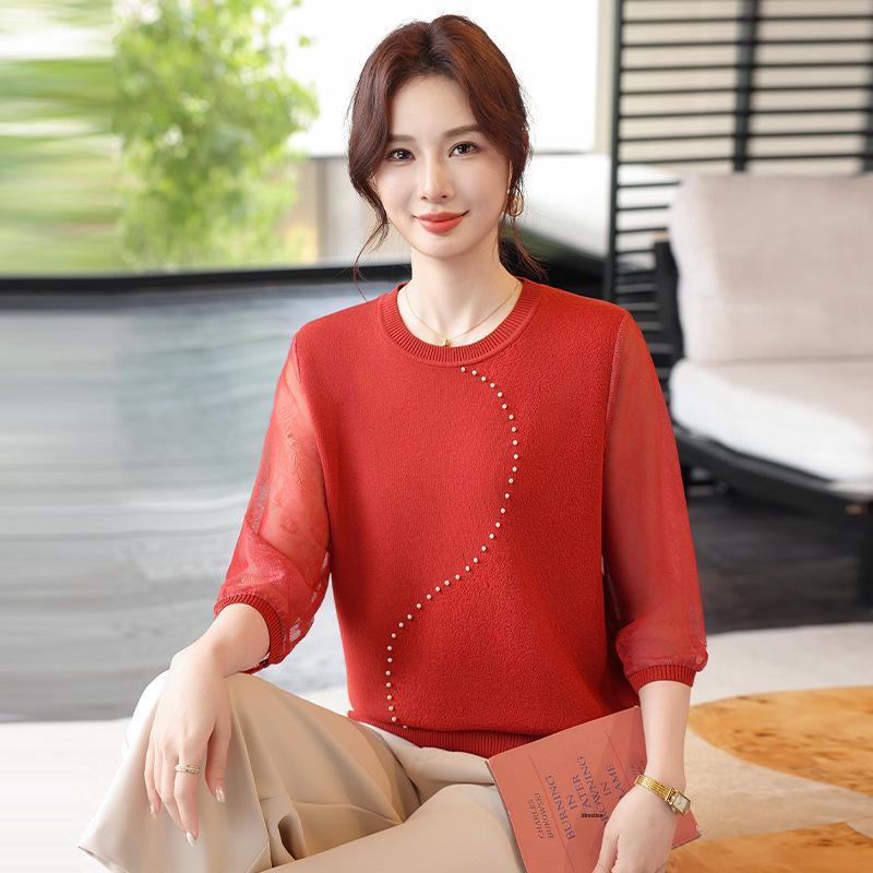 

2026 Stylish Beaded Knitted Top with Seven Sleeves for Middle-Aged and Elderly Women - Age-Reducing Spring/Summer Wear XL (100-110 Jin) помаранчевий/червоний