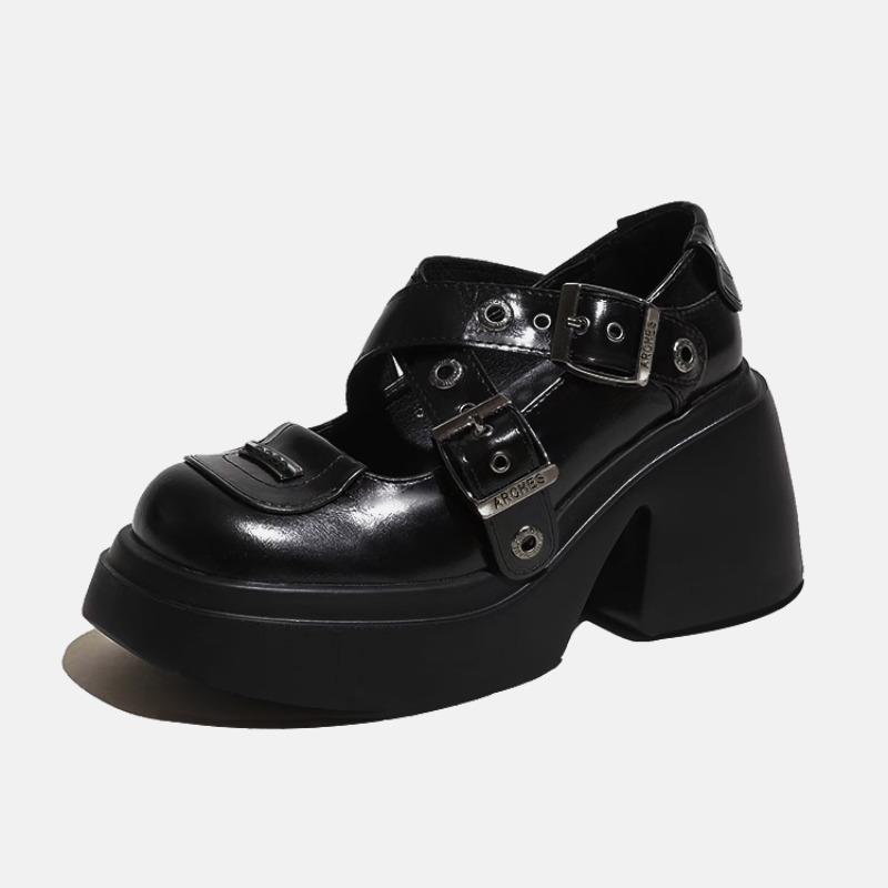 

Cross Mary Jane Shoes New Punk Metal Block Heel Platform Women s Shallow Mouth Buckle Single Shoes 40