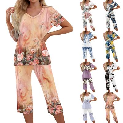 Conjuntos de 2 Peças Para Mulheres Top de Manga Curta e Calças com Bolsos Conjuntos de Treino Macios com Estampa Floral