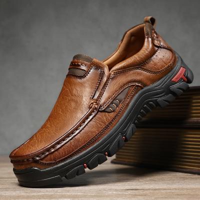 Fashion 2025Men's Slip-On Casual Leather Shoes Wear-Resistant Anti-Skid Round Toe Loafers Thick Bottom Dress Footwear All Season
