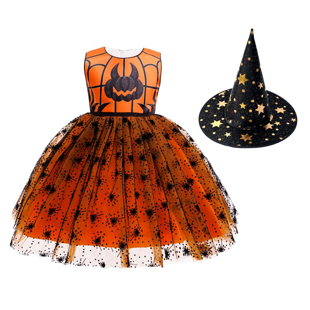 Girls' Halloween Pumpkin Party Dress - One-Piece Costume with Print