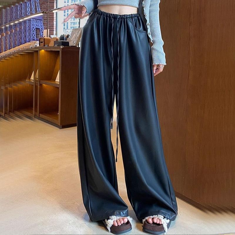 Black Leather Pants, Wide Leg Pants, Women's 2025 Autumn Winter , Matte PU Leather Casual Pants, Loose Straight Leg Floor Pants