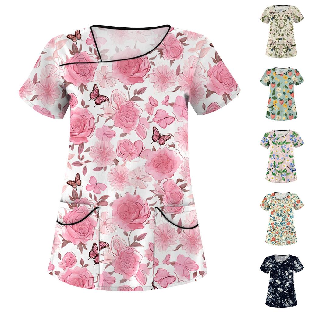 Women's Printed Work Clothes, Sloping Collar And Double Layer Pockets, Basic Top Pullover