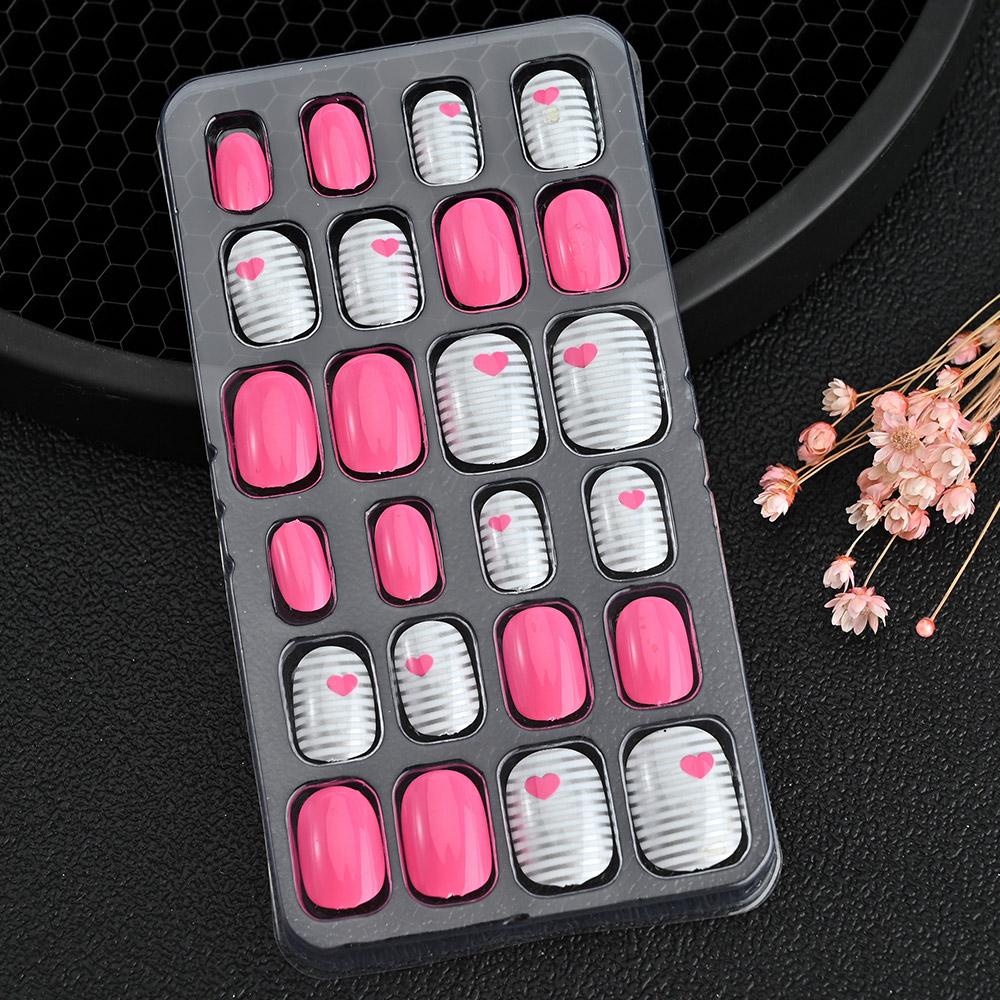 24pcs/box Candy Kids False Nail Cartoon Full Cover Press On Fake Nails Tips Kawaii Acrylic Artificial Fingernails for Girls