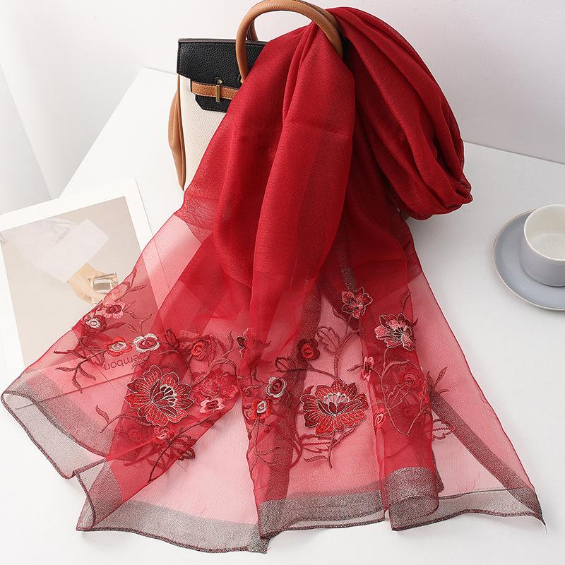 Four Season silk wool scarf women hijab pashmina shawls wrap Luxury Bandana Floral Pashmina Embroidery Scarves Foulard Fashion