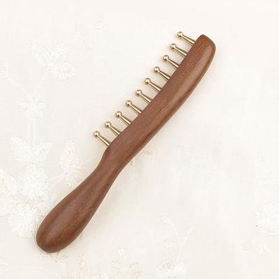 10-Teeth Copper & Wood Massager Comb For Head Meridian Therapy And Relaxation Golden Sandalwood Scraping Guasha Long Handle