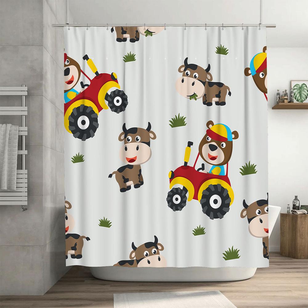 Farm-themed children's shower curtain featuring cows and tractors for bathroom decor in home accents collection on.