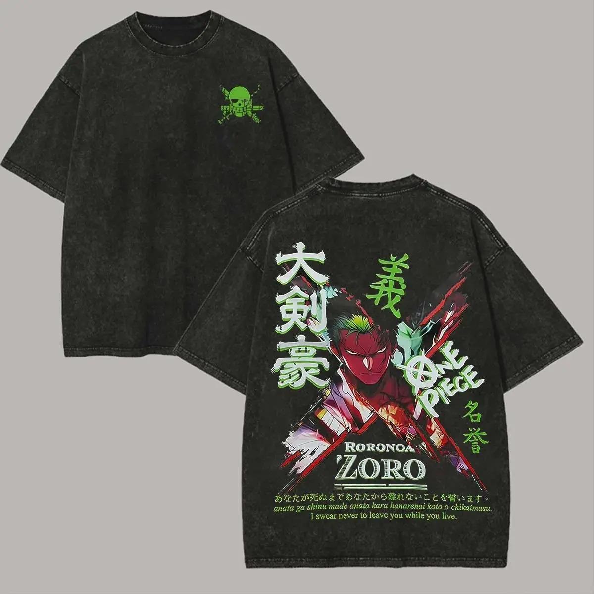 

One Piece Zoro Luffy Graphic T Shirt Men Women Vintage Wash Cotton Short Sleeve Tee Summer 2026 Y2k Streetwear Loose Casual Tops L