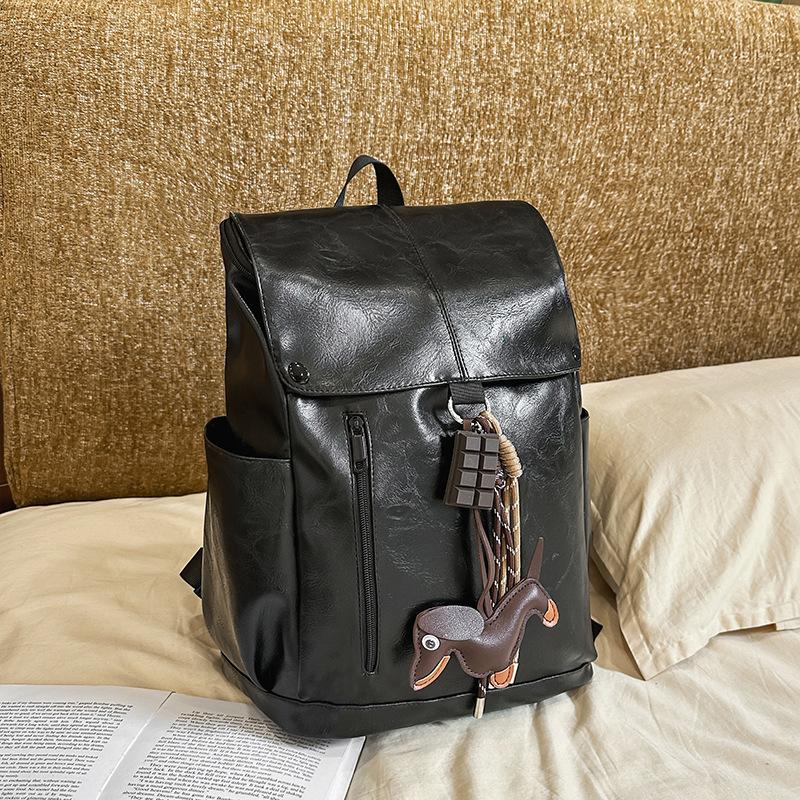 Retro Hong Kong style PU soft leather texture backpack men's large-capacity American schoolbag female college student computer backpack waterproof
