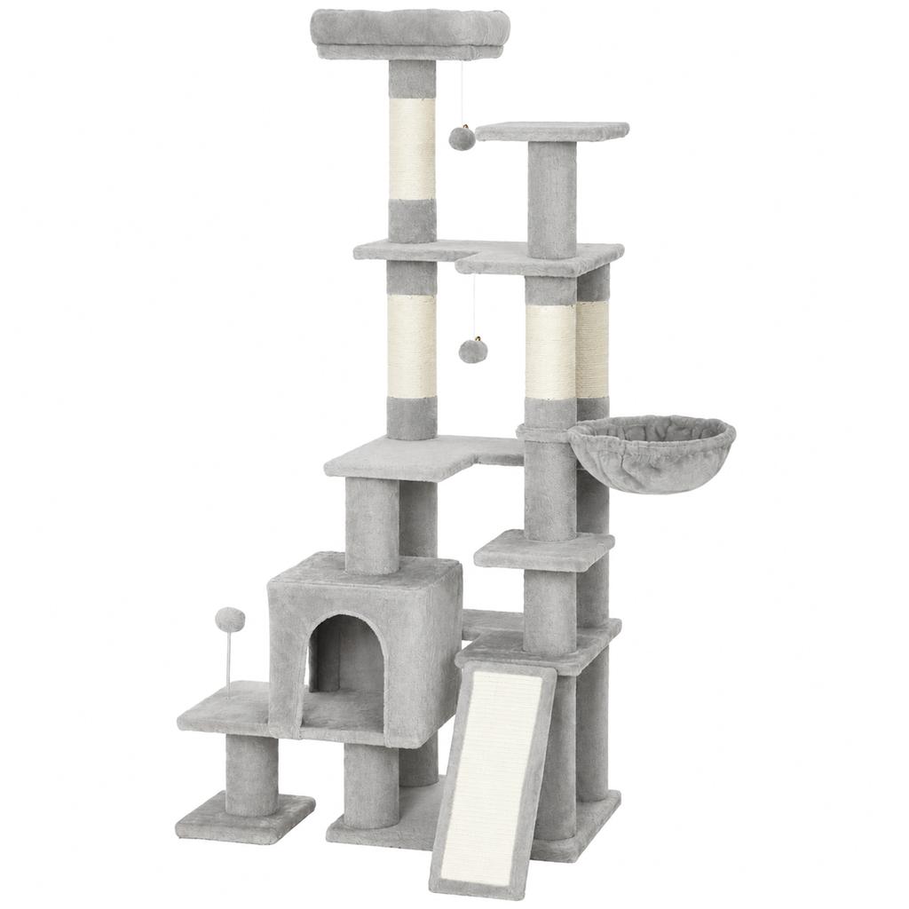 Cat Tree, 5-Level, 152 cm, Cat House, Hammock, Platform, Scratching Posts, Hanging Balls, Light Grey