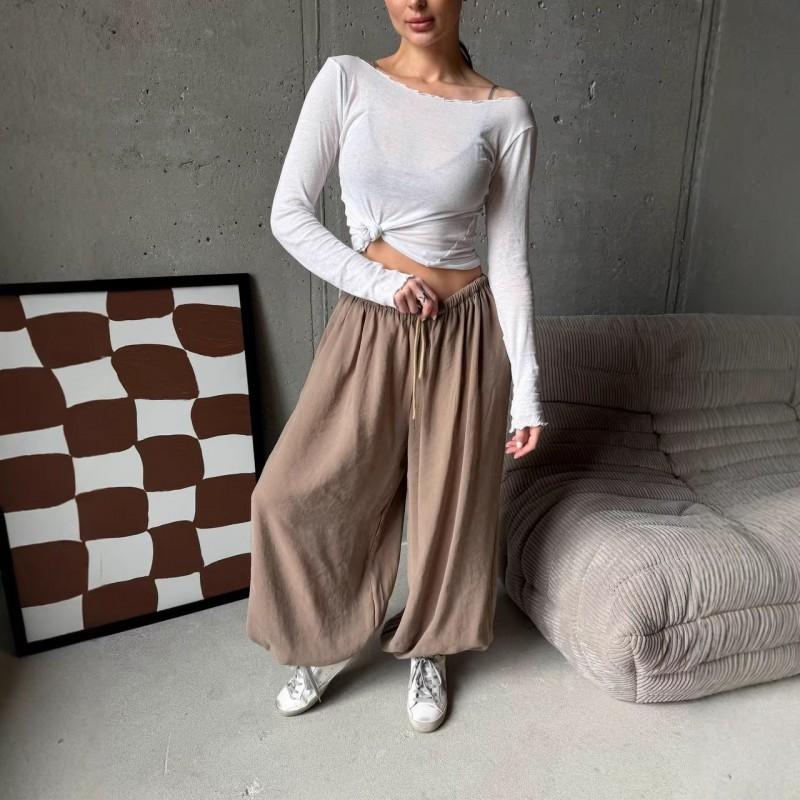 Womens High-Waisted Wide-Leg Lantern Pants Loose Fit Casual Trousers Korean Style Comfortable Knit Bottoms