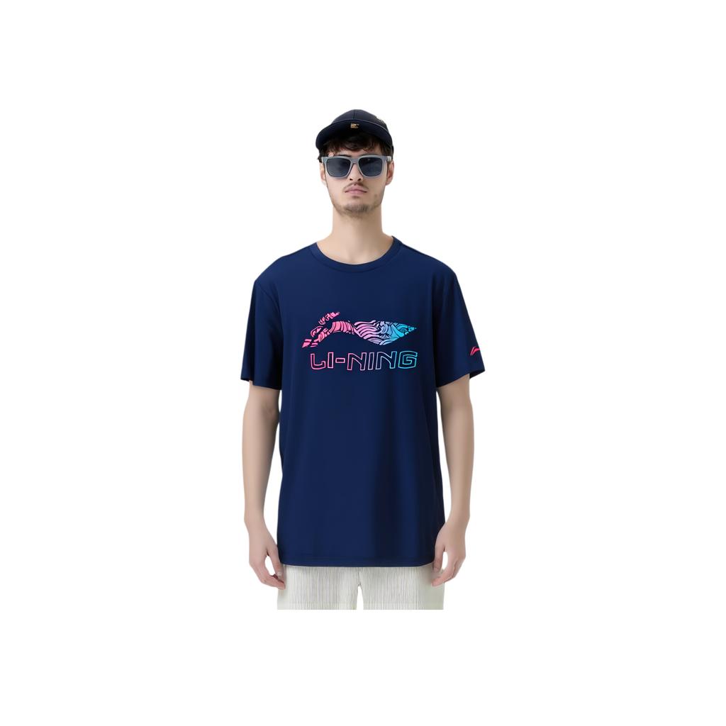 Li Ning Badminton Series Logo Letter Breathable Versatile Short Sleeve T-Shirt Unisex Tops Deep-Purple Blue AHSV055-3