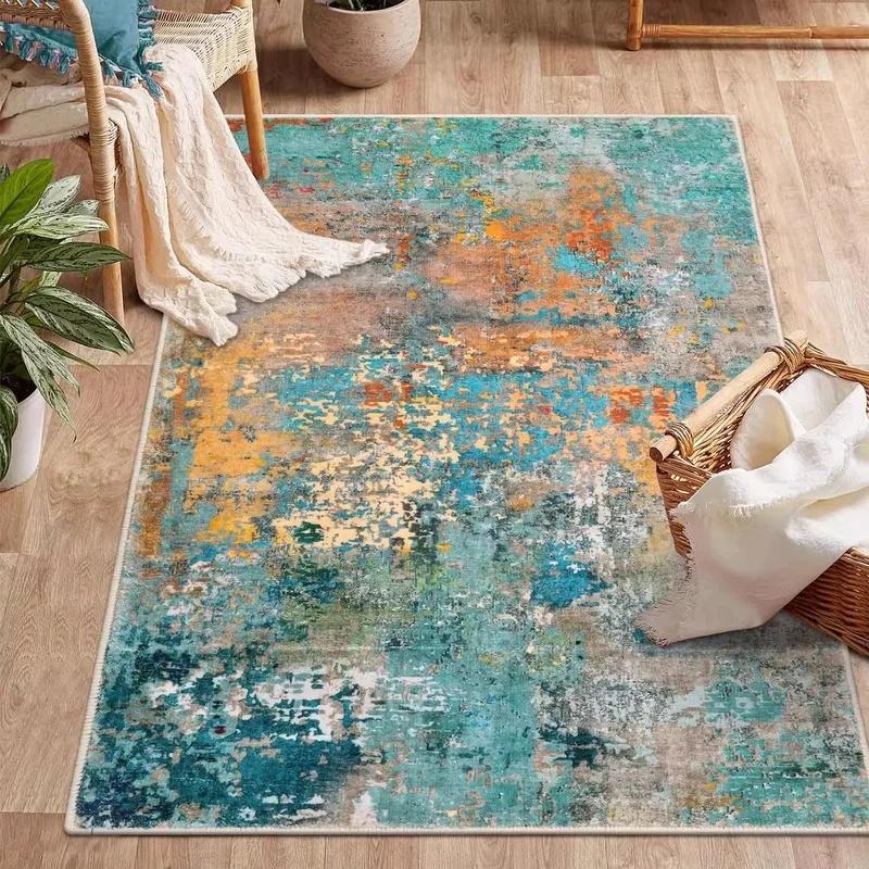 Modern Abstract Watercolor Area Rug Teal Orange Mix Distressed Texture Non Slip Washable Large Living Room Sofa Carpet