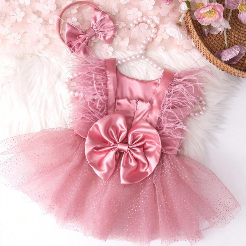 Handmade Tulle Baby Princess Dress with Matching Bowknot Headband Photo Props Newborns Girls Photography Accessories