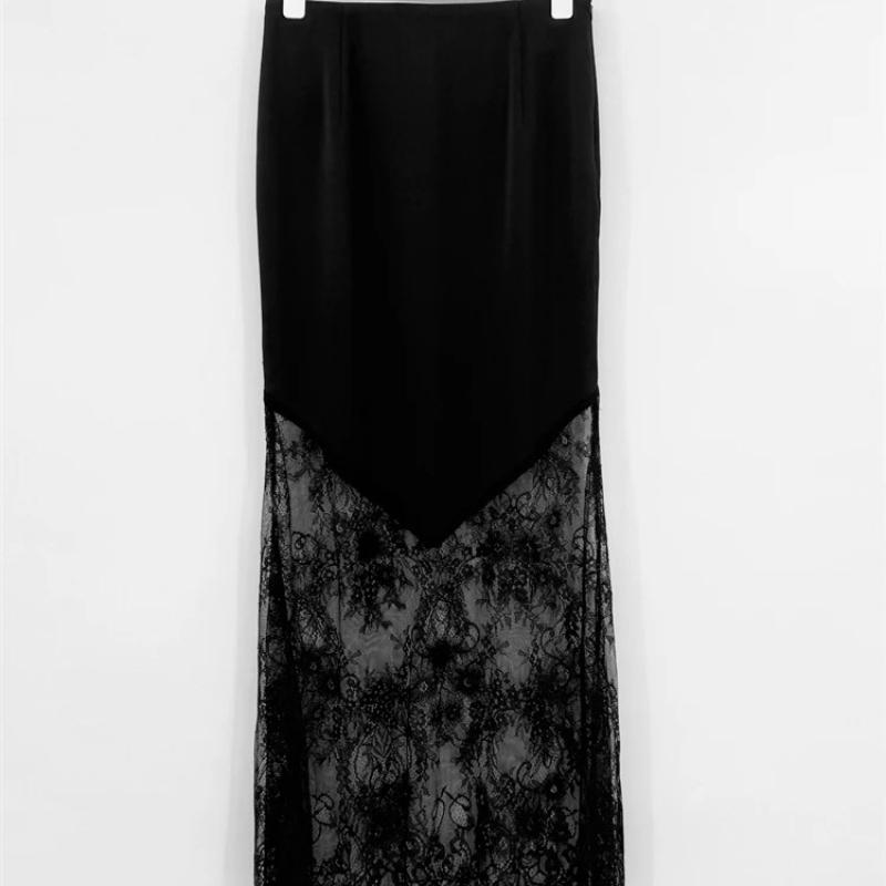 Trendix Women Patchwork Lace Skirts 2025 New High Waist Slim Hollow Out Maxi Skirts Autumn Brown Fashion Party Club Boho Skirt