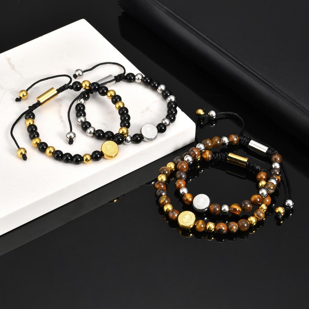 Tigerauge-Achat Naturstein Handgefertigtes Perlenarmband für Herren, Edelstahl Heiliger Benediktus Armband, Religiöser Gebetsschmuck
