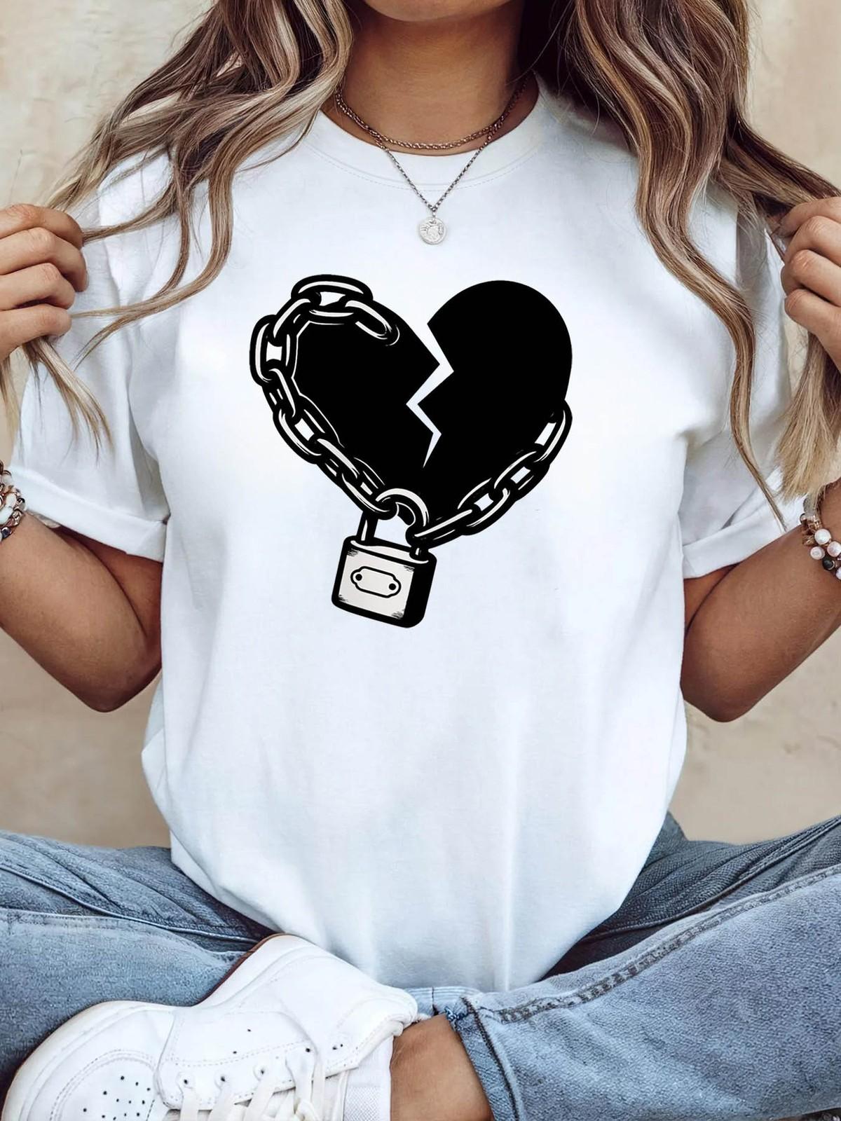 Broken Heart Chain Lock Print Women S Crew Neck Short Sleeve T-Shirt XXL
