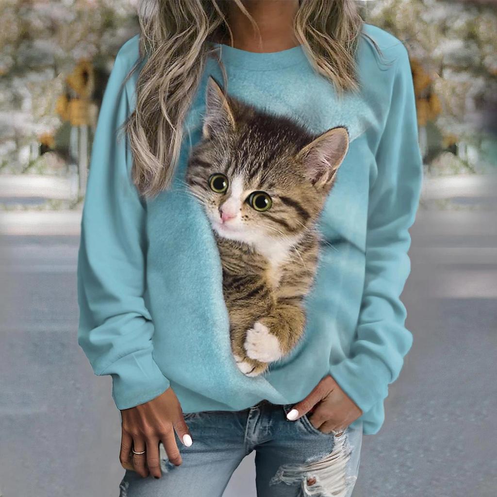 Women's Sweater Pullover T-Shirt Fashion Kitten Print Long Sleeve T Shirt Girls Street Casual Ladies Clothes O-Neck Sweatershirt