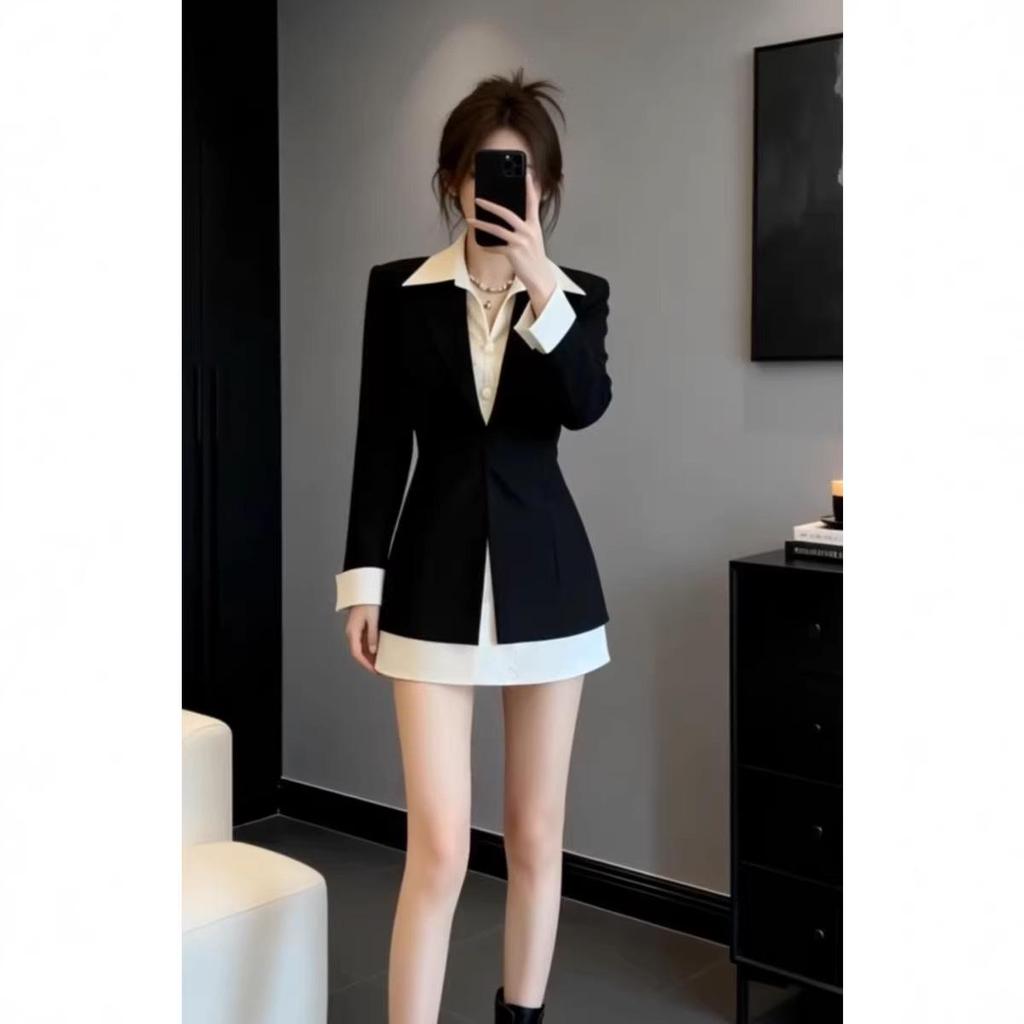 High-End Color-Block Slimming Waist-Cinching Long-Sleeve Dress for Women - Elegant Autumn/Winter Style