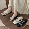With Fashionable Square Head High Heels Thick Heel Slippers Rhinestone 2025 Summer New Thin Belt Wear Cool Slippers Women
