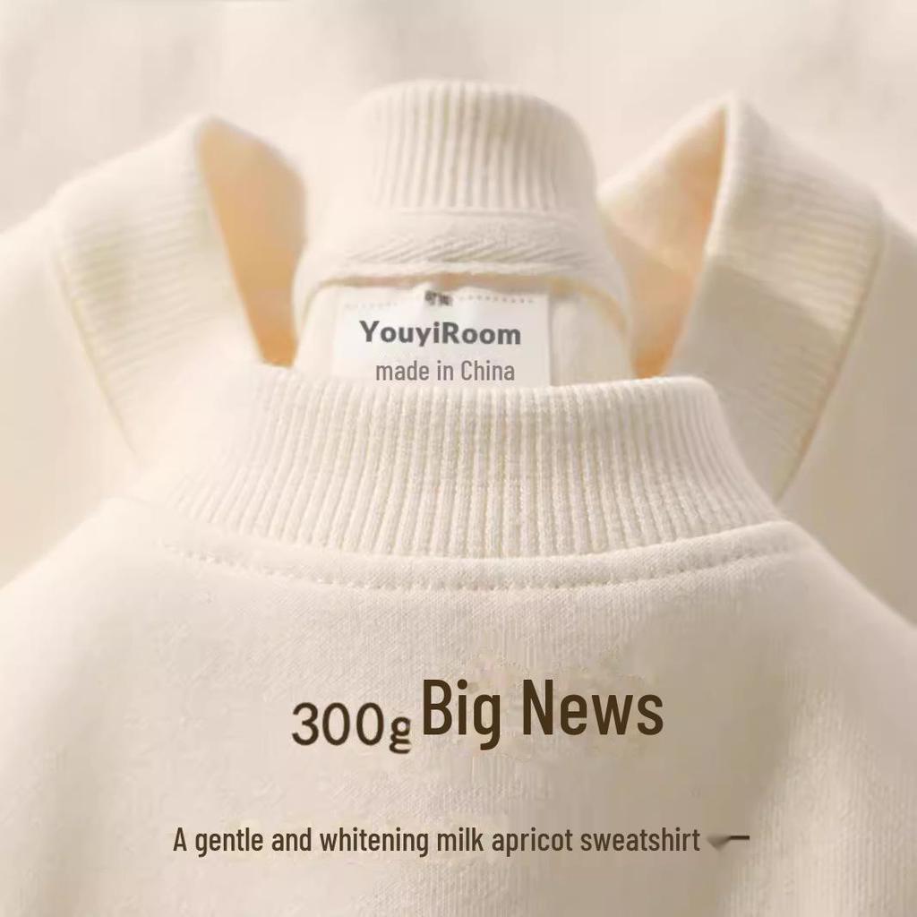 Unisex Heavyweight Cotton Sweatshirt, 300g, Long-Sleeve, Round Neck, Plus Velvet, Solid Color.