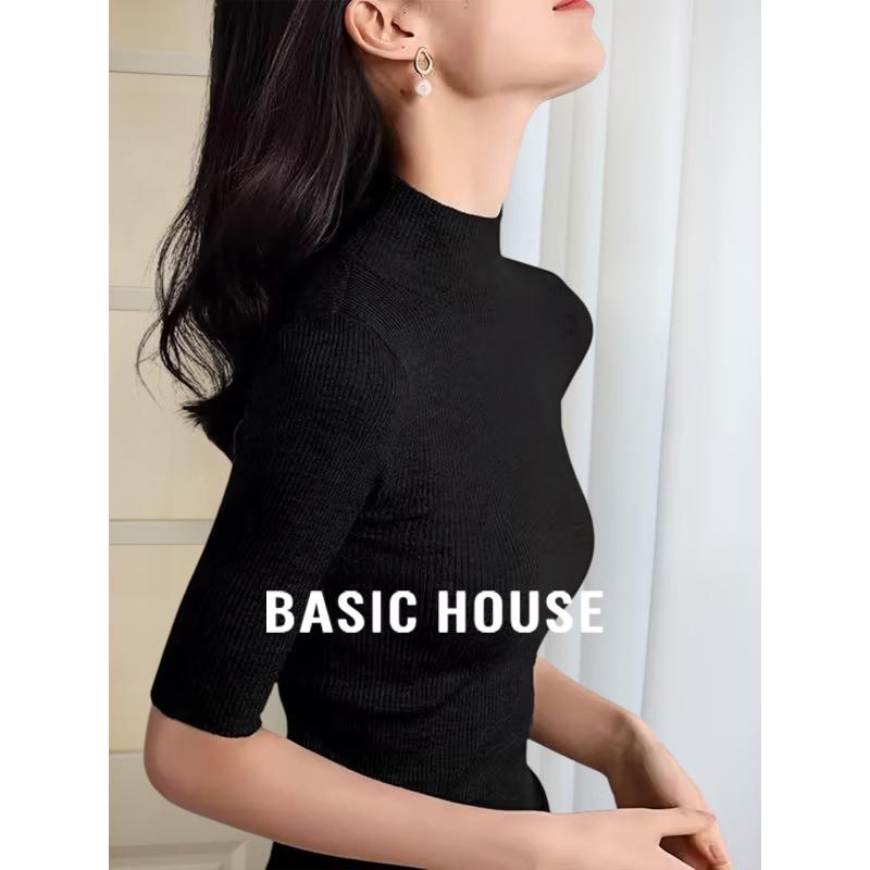 

Женский вязаный топ Basic House с полувысоким воротником и рукавами средней длины L