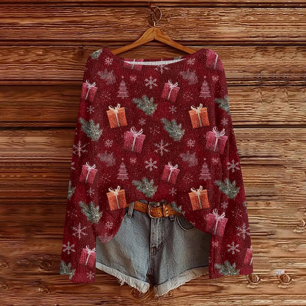 Women's Casual Fashion Round Neck Top Christmas Print Long Sleeve Knit Pullover