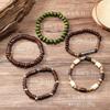 5pcs Set Mens Brown Green Beaded Vintage Retro Wooden Wristband Bangle Bracelet