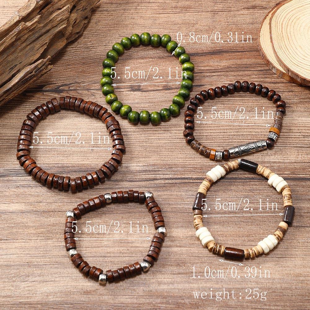 5pcs Set Mens Brown Green Beaded Vintage Retro Wooden Wristband Bangle Bracelet