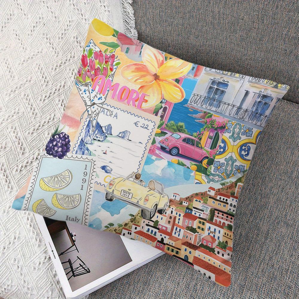 Italian Town Walk Square Jacquard Pillow Cover for Sofa Office Waist Cushion Cover Home Decorative Pillowcase