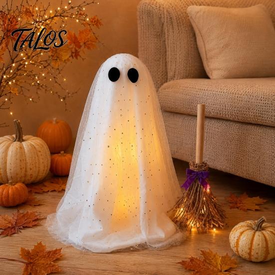 Adjustable Tripod Ghost Stand Halloween Decoration with Broom, Spooky Sequins Mesh White Ghost, Cute Reusable Figure Standing for Party, Home, Table,