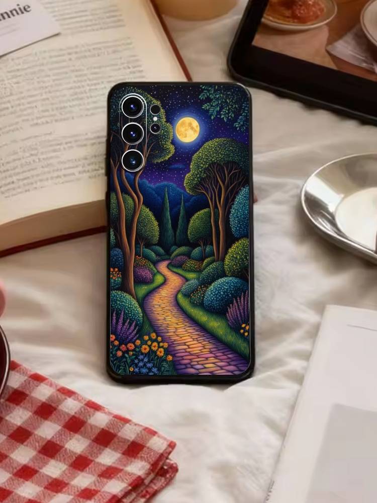 Starry Night Whimsical Landscape Phone Case For Samsung S26,S25,S24,S23,S22,S21,S20,Ultra,Plus,FE Black Soft Cover