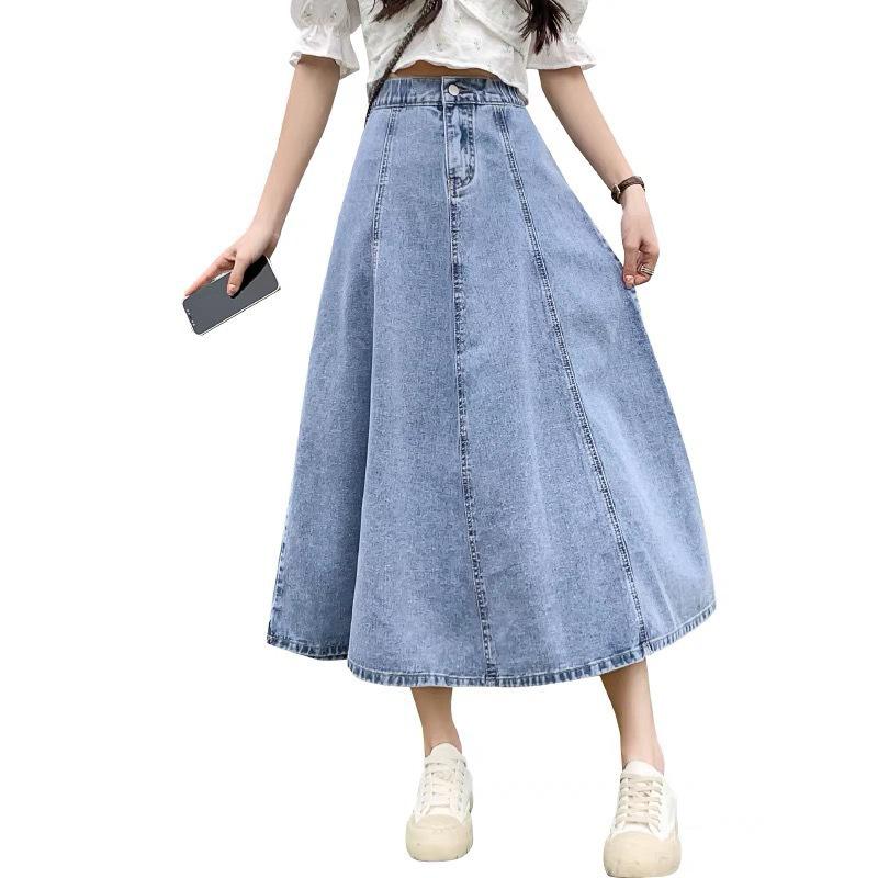 2023 Spring Women's Mid-Length Pleated High-Waist Denim A-Line Skirt