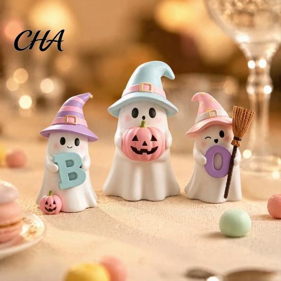 Unique Halloween Holiday Gifts 3Pcs Pink Ghost Figurines, Cute Spooky Resin Desk Decor with Pumpkin Boo Letter Ornaments BOO Letter, Sweet Tabletop