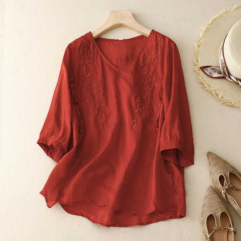 

Топ из хлопка и льна с короткими рукавами, вышитый в стиле ретро, футболка из хлопка и льна, летняя свободная рубашка небольшого размера 2XL красный