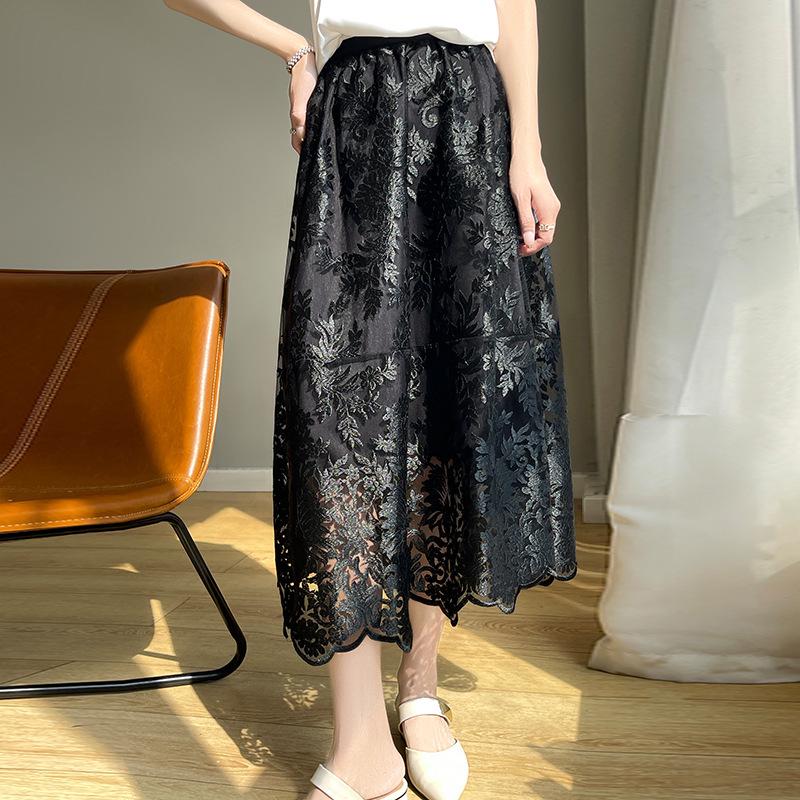 Summer 2025 High Waist A-Line Lace Midi Skirt