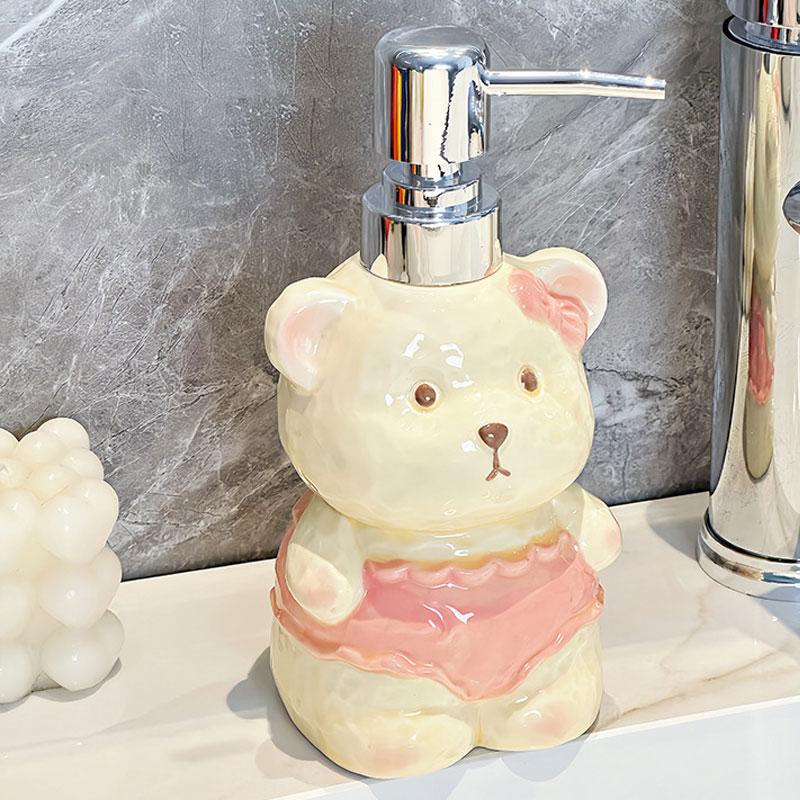 Soap Dispenser Creative Ceramic Bear Lotion Bottle for Household Bathroom Hand Sanitizer Dispensing Bottle with Press Button