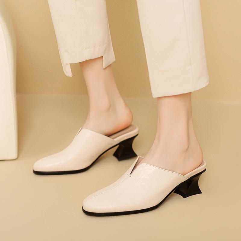 2024 New Sexy Women Genuine Leather Pumps Round Toe Spring Summer Muller Slippers High Heeled Fashion Party Wedding Shoes Woman