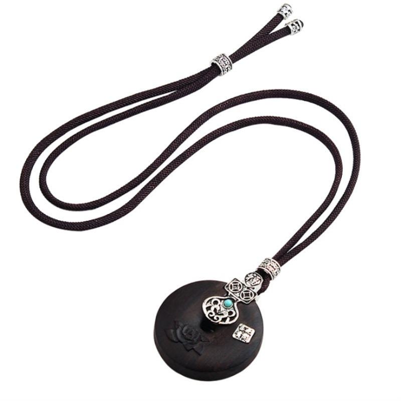 Retro Literary and Artistic Long Ebony Necklace Wooden Pendant Women's Simple Zen Sweater Chain Cotton and Linen Accessories