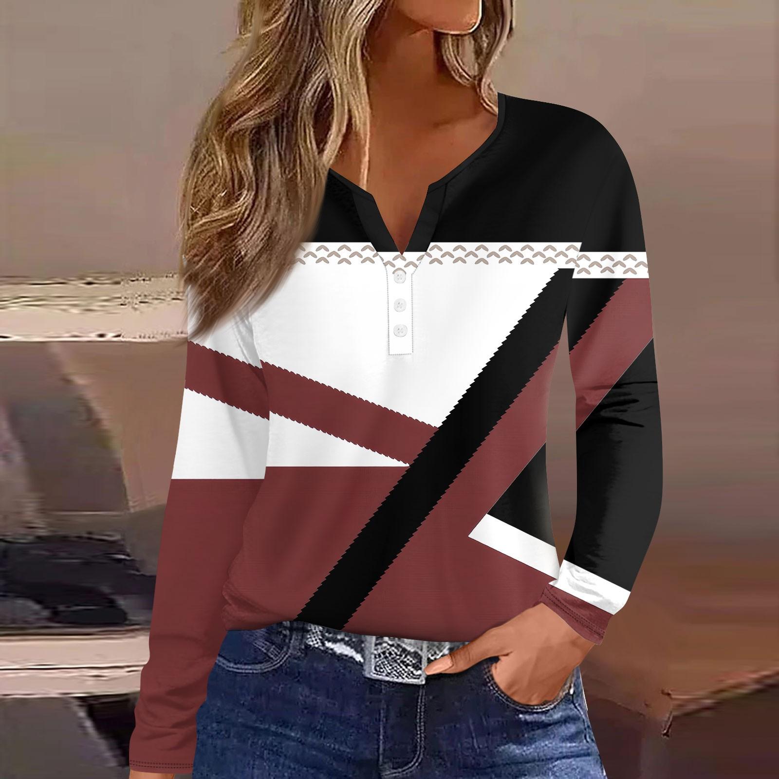 

Женская модная повседневная футболка с V-образным вырезом и полосатым принтом, с длинным рукавом и декоративными пуговицами XXL винный